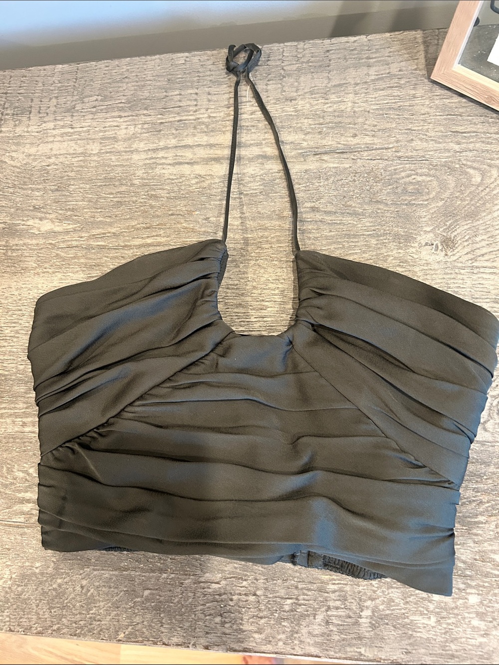 Zara Olive Green Satin Ruched Halter Crop Top